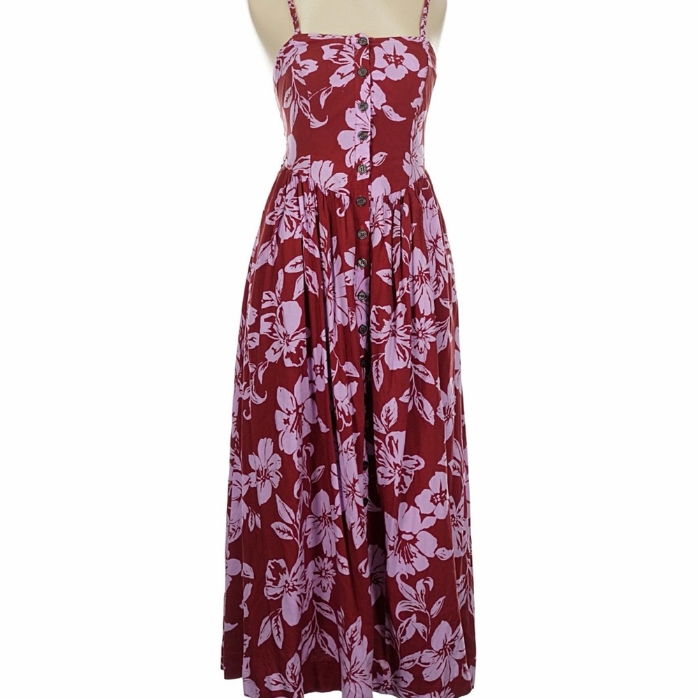 Free People "The Perfect Sundress" in a red and lavender floral print.